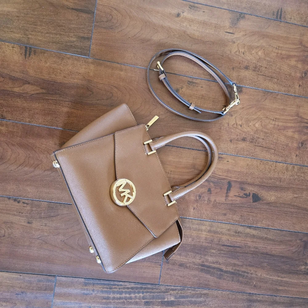 Michael Kors MK Classic Logo Hudson Saffiano Leather Handbag Satchel Brown Gold